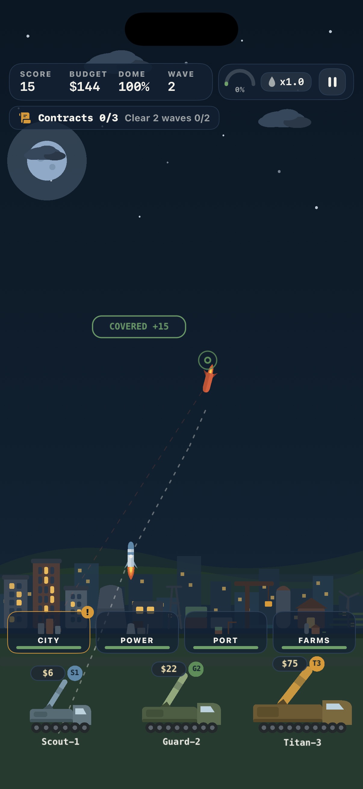 Dome Commander gameplay — drawing a rocket's interception path